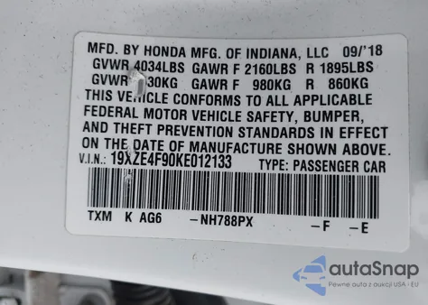 2019 Honda Insight Touring из США, поврежденный, VIN 19XZE4F90KE012133